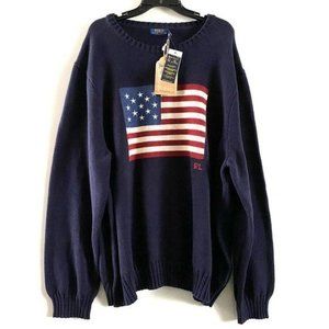 Polo Ralph Lauren Mens Iconic American Flag Crewneck Sweater Sz 4XLT Navy Blue